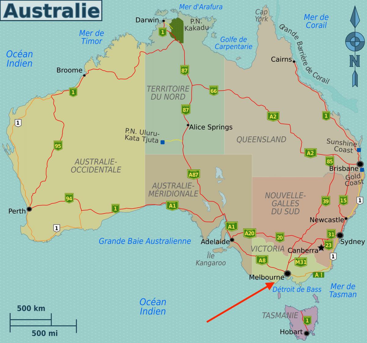Melbourne op de kaart van Victoria - Australië